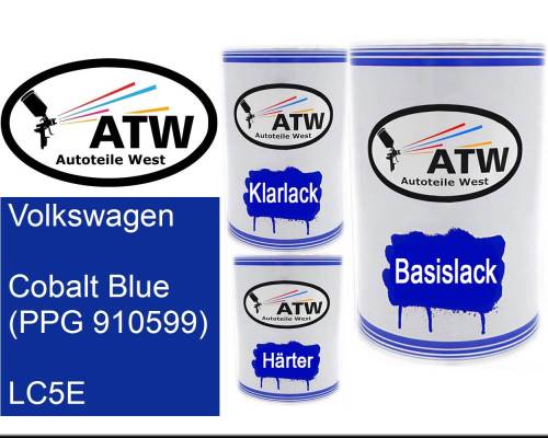 Volkswagen, Cobalt Blue (PPG 910599), LC5E: 500ml Lackdose + 500ml Klarlack + 250ml Härter - Set, von ATW Autoteile West.